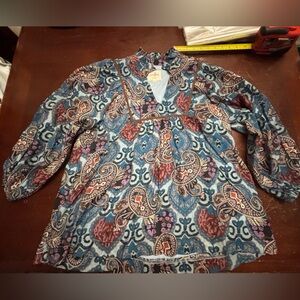 Umgee small brown blue paisley puff sleeves western boho felt trim cowgirl